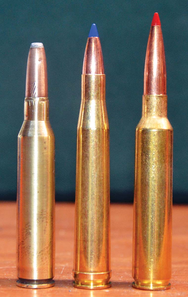 The old and the new in .30-caliber cartridges. The 30 Newton (left) with its non-belted case was introduced by Charles Newton in 1913, the belted 300 H&H (center) immigrated to America in 1925, and Hornady introduced the non-belted 300 PRC (right) in 2018. The gross powder capacity of the three cases is quite close to the same.